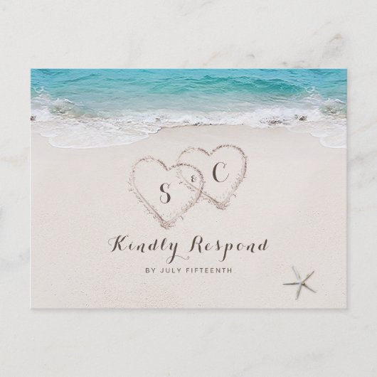 Invitation Carte Postale Coeurs dans le sable destination mariage plage RSV (Devant)