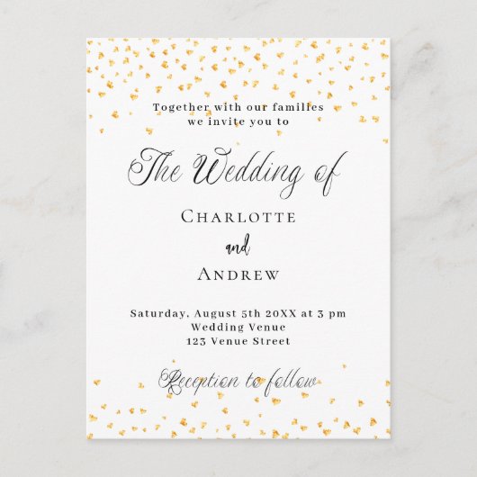 Invitation Carte Postale Coeurs d'or blanc mariage élégant script (Devant)