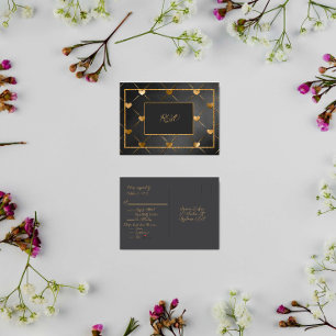 Invitation Carte Postale Coeurs noir et or élégant RSVP