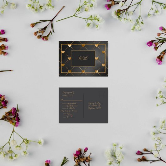 Invitation Carte Postale Coeurs noir et or élégant RSVP