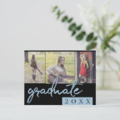 Invitation Carte Postale Collage des diplômés | Blue Script 3 garde-photos (Debout devant)