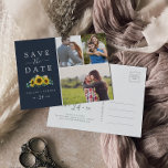 Invitation Carte Postale Collage photo de Rustic Sunflower Navy Enregistrer<br><div class="desc">Ce collage photo rustique tournesol marine enregistrer la date carte postale est parfait pour un mariage campagnard. Le design floral bohème présente des tournesols jaunes,  des fleurs roses rousses et une végétation d'eucalyptus vert chasseur dans l'aquarelle avec une élégante touche moderne de saumonier.</div>