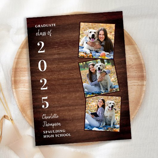 Invitation Carte Postale Collage photo en bois rustique Graduation