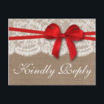 Invitation Carte Postale Collection de Mariages Rustic Red Bow RSVP<br><div class="desc">La collection rustique de mariage d'arc rouge est un design époustouflant avec un joli arrière - plan rustique effet burlap avec un cadre romantique vintage effet dentelle blanche et un arc rouge étonnant. Ces cartes postales RSVP peuvent être personnalisées pour votre occasion spéciale et feraient la carte de réponse parfaite...</div>