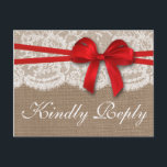 Invitation Carte Postale Collection de Mariages Rustic Red Bow RSVP<br><div class="desc">La collection rustique de mariage d'arc rouge est un design époustouflant avec un joli arrière - plan rustique effet burlap avec un cadre romantique vintage effet dentelle blanche et un arc rouge étonnant. Ces cartes postales RSVP peuvent être personnalisées pour votre occasion spéciale et feraient la carte de réponse parfaite...</div>