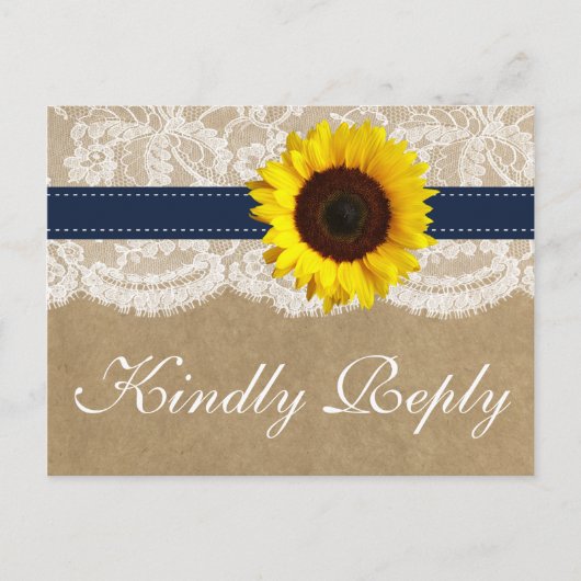 Invitation Carte Postale Collection Kraft, dentelle et tournesol - Navy (Devant)