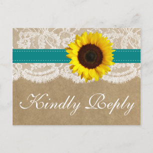 Invitation Carte Postale Collection Kraft, dentelle et tournesol - Turquois