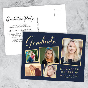 Invitation Carte Postale Collection photo moderne Blue Gold Graduation Part