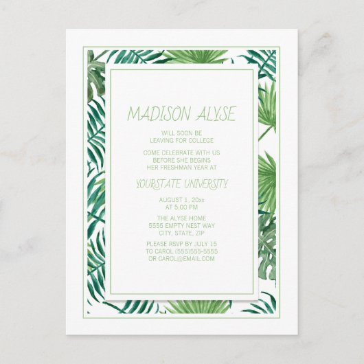 Invitation Carte Postale College Dorm Trunk Party Tropical Feuille blanc (Devant)