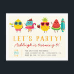 Invitation Carte Postale Coloré Kawaii Summer Kids' Birthday Party<br><div class="desc">Invitation à la fête d'anniversaire des enfants d'été colorée avec une illustration de citron kawaii,  une crème glacée avec une bague de natation flamingo,  un ananas et une tranche de pastèque avec planche de surf.</div>
