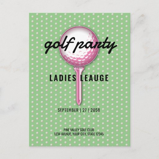 Invitation Carte Postale Conception de fête de golf rose pour dames (Devant)