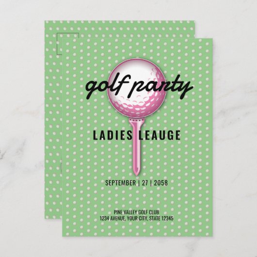 Invitation Carte Postale Conception de la fête de golf rose pour dames (Devant / Derrière)