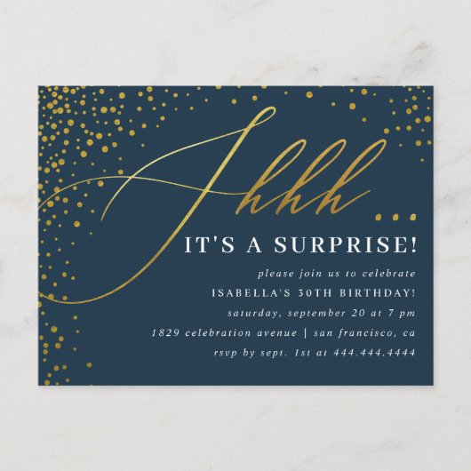 Invitation Carte Postale Confetti Marine & Gold Script Surprise Party (Devant)