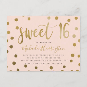 Invitation Carte Postale Confetti rose et or tendance Sweet 16 Anniversaire