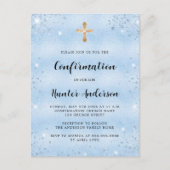 Invitation Carte Postale Confirmation bleu garçon élégant script simple (Devant)