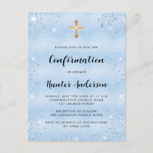 Invitation Carte Postale Confirmation bleu garçon élégant script simple (Devant)