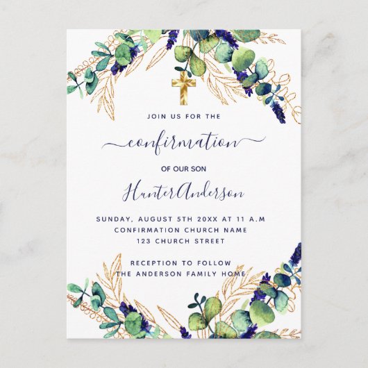 Invitation Carte Postale Confirmation eucalyptus vert garçon bleu (Devant)