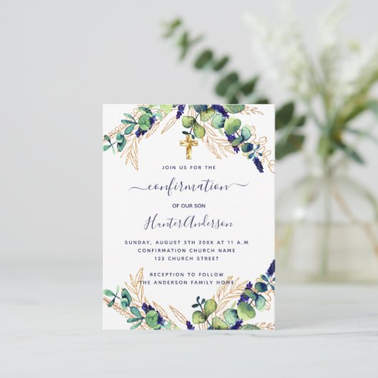 Invitation Carte Postale Confirmation eucalyptus vert garçon bleu (Debout devant)