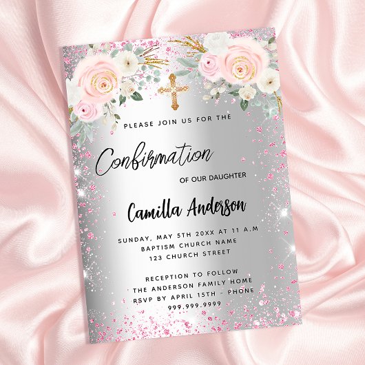 Invitation Carte Postale Confirmation florale rose argent fille pétille