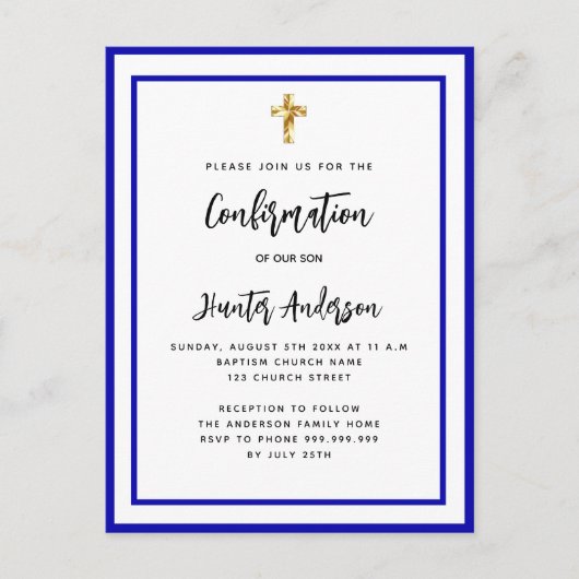 Invitation Carte Postale Confirmation garçon bleu royal blanc (Devant)
