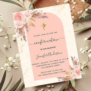 Invitation Carte Postale Confirmation pampas herbe marbre rose or blush