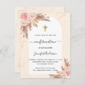 Invitation Carte Postale Confirmation pampas herbe rose or blush marbre (Devant / Derrière)