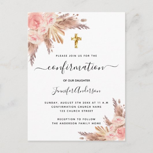 Invitation Carte Postale Confirmation pampas herbe rose or rousse rose (Devant)