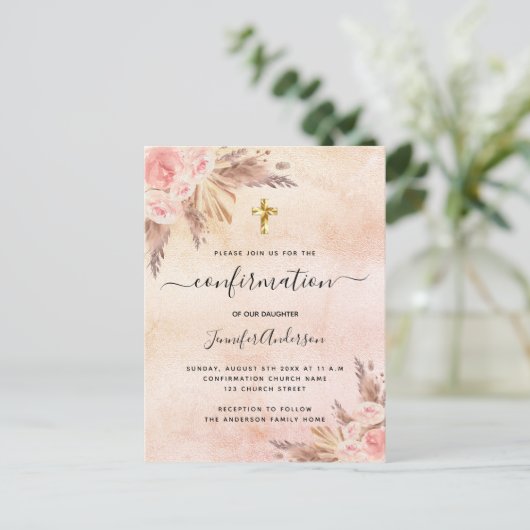 Invitation Carte Postale Confirmation pampas herbe rose or rousse rose (Debout devant)