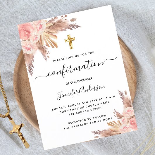 Invitation Carte Postale Confirmation pampas herbe rose or rousse rose