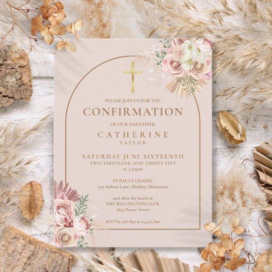 Invitation Carte Postale Confirmation Pampas rose Grass Floral Or Arch