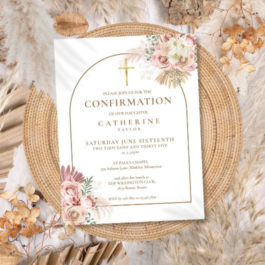 Invitation Carte Postale Confirmation Pampas rose Grass Floral Or Arch