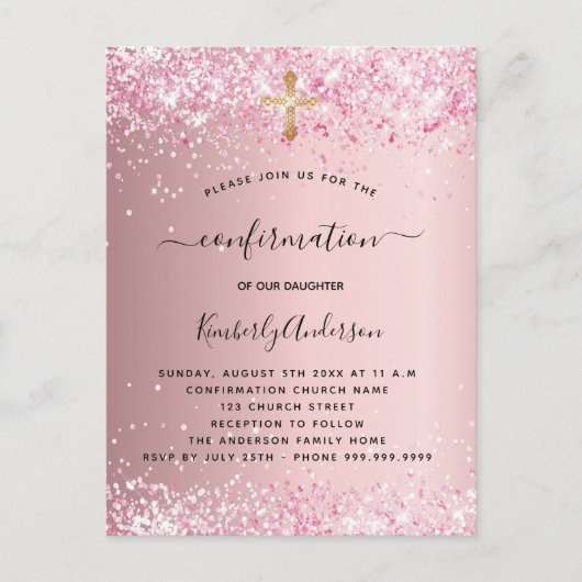 Invitation Carte Postale Confirmation parties scintillant rose pâle fille (Devant)