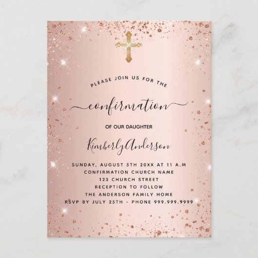 Invitation Carte Postale Confirmation rose or rose pâle (Devant)