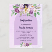 Invitation Carte Postale Confirmation violet fleurs violet croix fille (Devant)