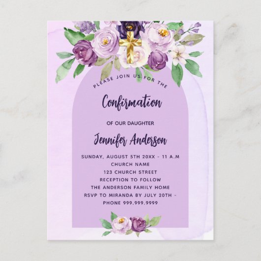 Invitation Carte Postale Confirmation violet fleurs violet croix fille (Devant)