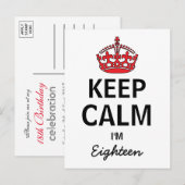 Invitation Carte Postale Conserver le calme dix-huitième anniversaire Invit (Devant / Derrière)