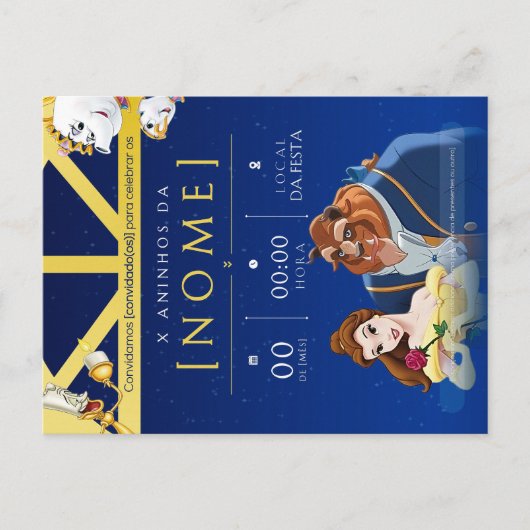 Invitation Carte Postale Convite de Aniversário Infantil da Bela e a Fera (Devant)