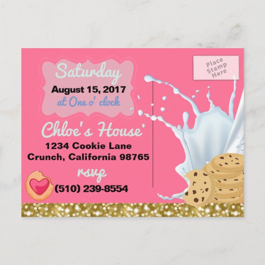 Invitation Carte Postale Cookies & Lait Parties scintillant rose et or| Ann (Dos)