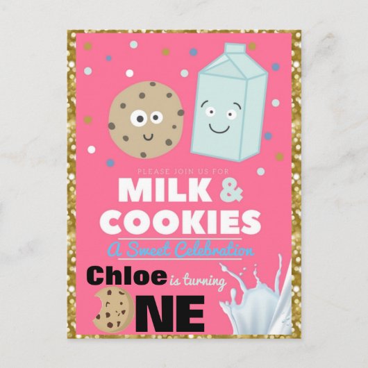 Invitation Carte Postale Cookies & Lait Parties scintillant rose et or| Ann (Devant)