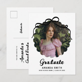 Invitation Carte Postale Coquette Black & White Wavy Graduation Photo