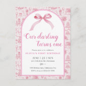 Invitation Carte Postale Coquette Toile rose Bow 1er anniversaire fille (Devant)