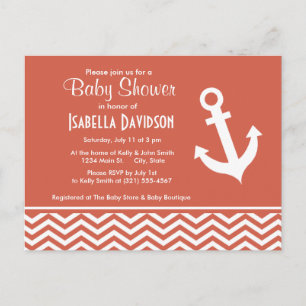 Invitation Carte Postale Corail foncé Chevron ; Ancre