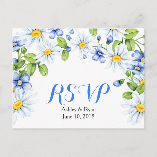 Invitation Carte Postale Cornflower Blue White Daisy Floral Wedding RSVP (Devant)