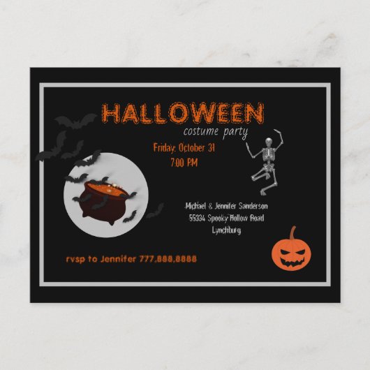 Invitation Carte Postale Costume d'Halloween Noir et orange (Devant)