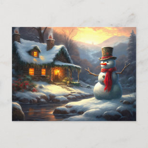 Invitation Carte Postale Cosy Christmas Cottage & Snowman   hiver vintage