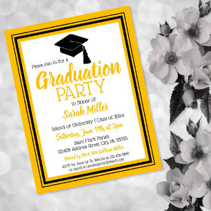 Invitation Carte Postale Couleurs de l'école noire et or Grad Party