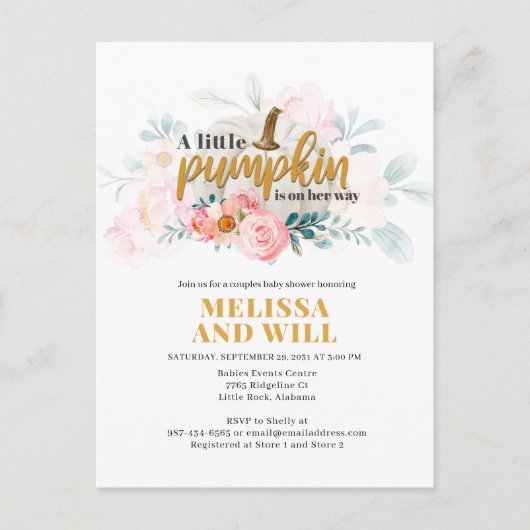 Invitation Carte Postale Couples Baby shower Citrouille Aquarelle Floral (Devant)
