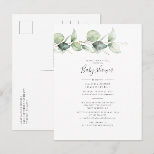 Invitation Carte Postale Couples Baby shower Eucalyptus Feuilles (Devant / Derrière)