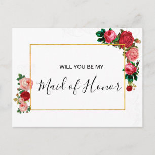 Invitation Carte Postale Couronne florale de roses de Bourgogne Demoiselle 