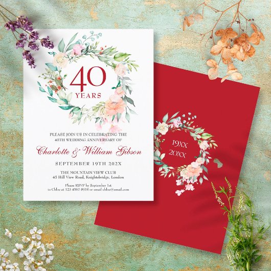 Invitation Carte Postale Couronne florale rubis pour le 40e anniversaire de